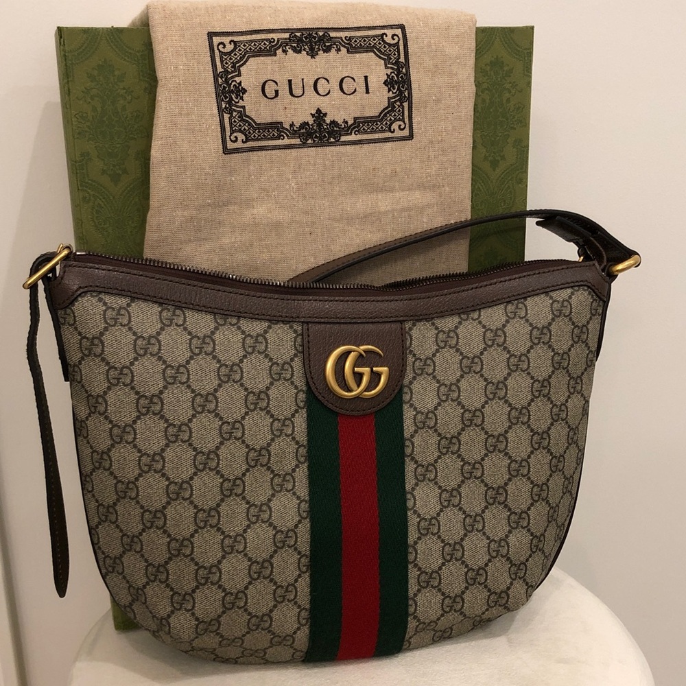 Gucci Brown GG Supreme Canvas Shoulder Bag with Green & Red Web